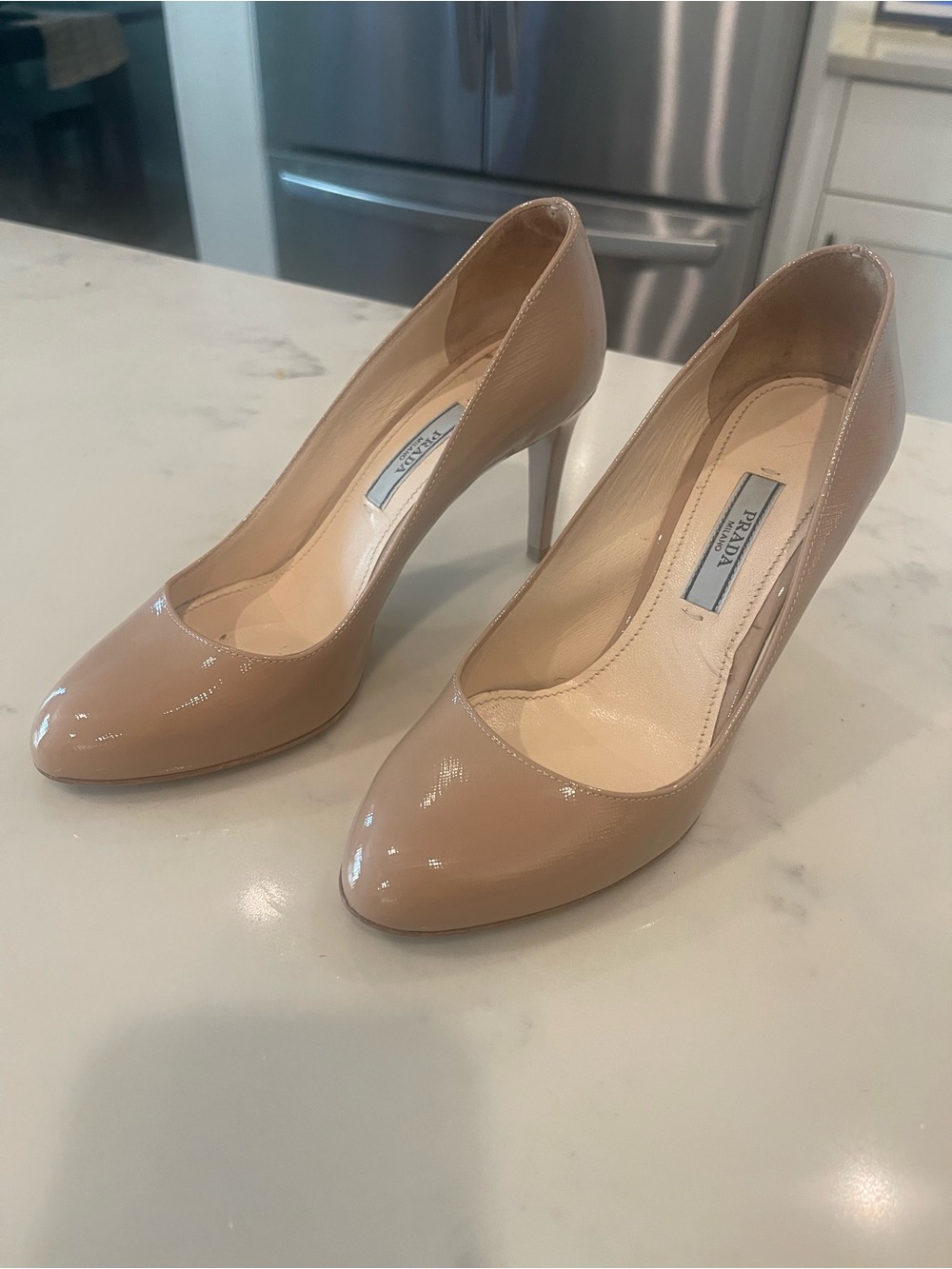 Prada Nude Patent Leather Pointed-Toe Pumps